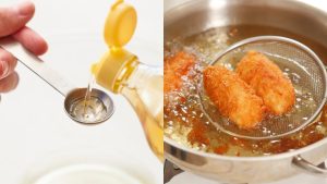 Measuring cooking oil with a spoon compared to deep frying food in oil