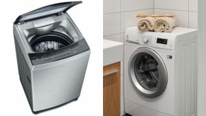 Side by side comparison of top load and front load washing machines for home use