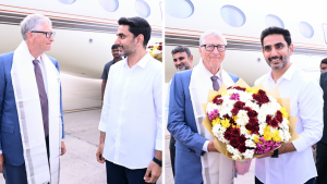 Bill Gates meeting Andhra Pradesh ministers at Gannavaram Airport and Amaravati Secretariat