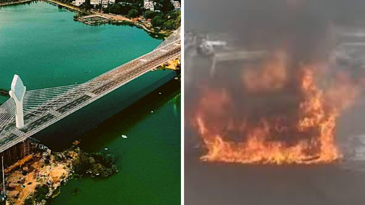 Bike catches fire on Durga Cheruvu Cable Bridge in Hyderabad