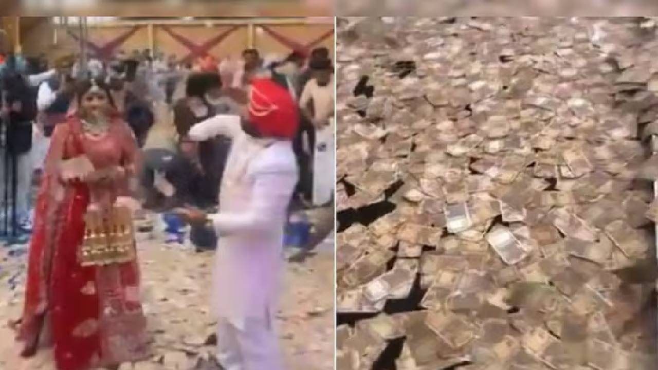 guests showering currency notes on the newly married couple