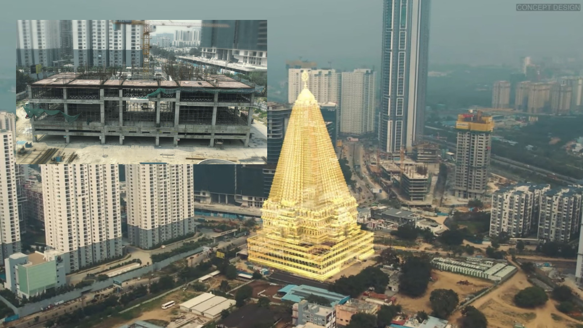 Hare Krishna Heritage Tower under construction in Kokapet Hyderabad, 400 feet tall spiritual landmark temple tower
