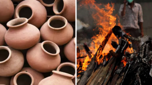 Hindu funeral ritual with earthen pot being broken during cremation ceremony symbolizing soul liberation and moksha