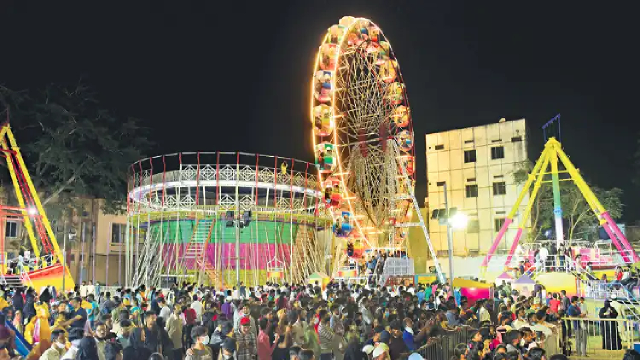 Crowded food stalls at Numaish exhibition in Hyderabad showcasing regional Indian cuisines