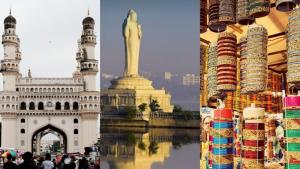 హైదరాబాద్‌లోని చారిత్రక చార్మినార్, హుస్సేన్ సాగర్ బుద్ధ విగ్రహం మరియు లాడ్ బజార్ గాజుల దుకాణం.