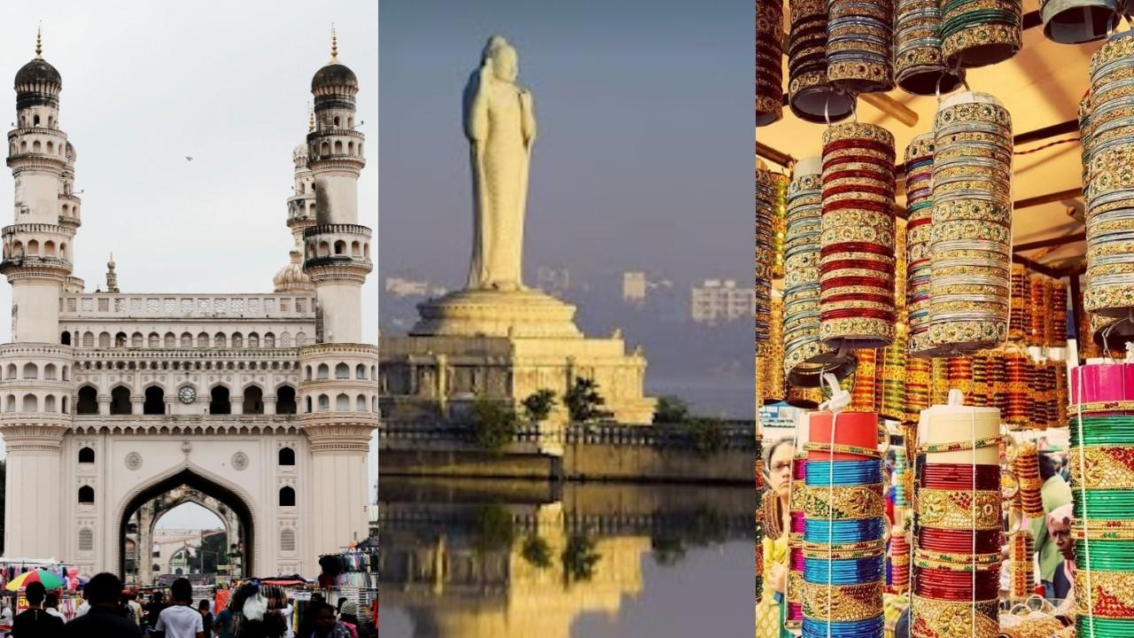 హైదరాబాద్‌లోని చారిత్రక చార్మినార్, హుస్సేన్ సాగర్ బుద్ధ విగ్రహం మరియు లాడ్ బజార్ గాజుల దుకాణం.