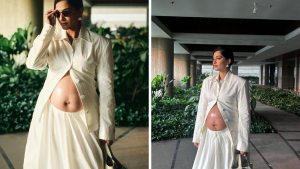 Sonam Kapoor flaunts baby bump in white outfit and black sunglasses