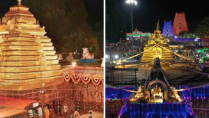Devotees witnessing Srisailam Mallikarjuna Swamy Kalyanam with traditional Pagalankarana decoration on temple gopuram