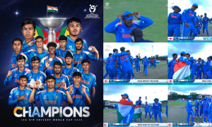 Indian U19 cricket team celebrating ICC U19 Cricket World Cup 2026 victory, holding the trophy and national flag after defeating England by 100 runs.