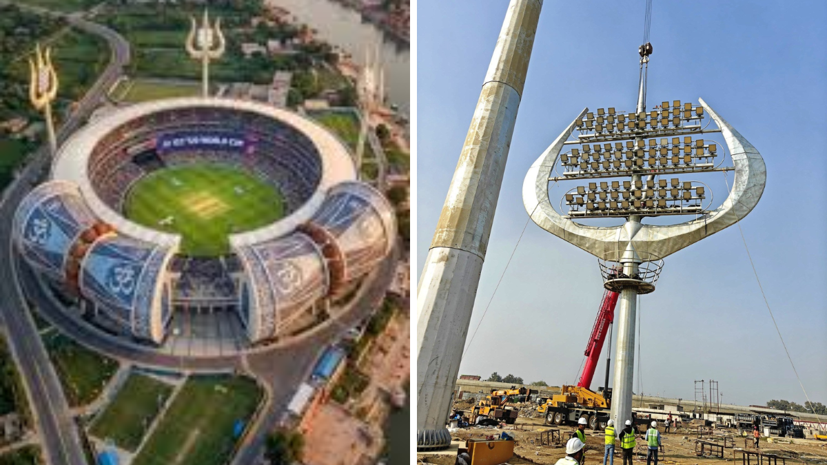 Shiva themed Varanasi international stadium with trishul shaped flood lights and spiritual architecture design