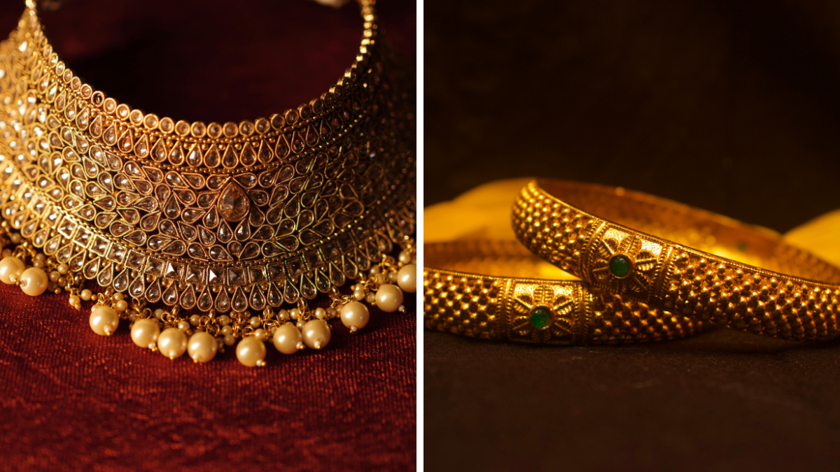 Gold price fall in Hyderabad market with jewellery shops and gold ornaments display