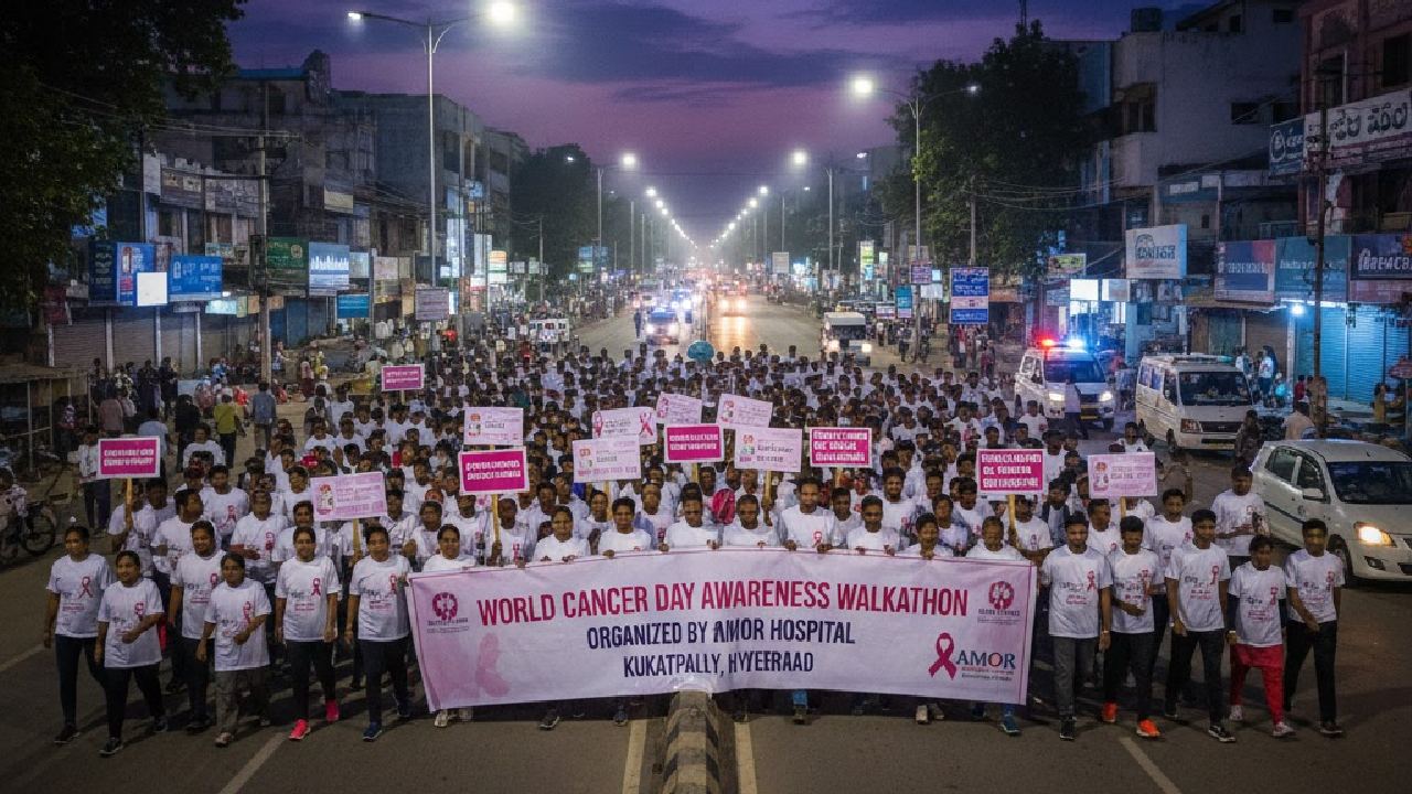 World Cancer Day awareness walkathon organized by AMOR Hospital in Kukatpally Hyderabad
