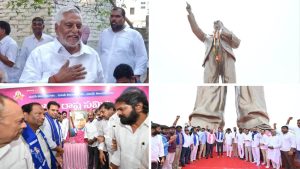 A split image showing KTR speaking at Telangana Bhavan and Jeevan Reddy waving to supporters in Jagtial
