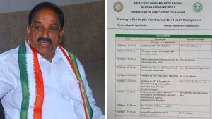 Agriculture Minister Tummala Nageswara Rao addressing soil health volunteers at PJTAU auditorium