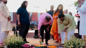 Anant Ambani, Mukesh Ambani, and Radhika Merchant performing puja during the foundation stone laying ceremony of Vantara University in Jamnagar