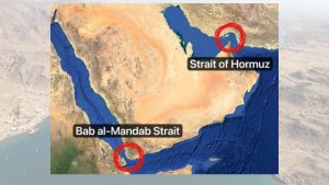A strategic map highlighting the Bab el-Mandeb Strait and the Red Sea trade route under threat