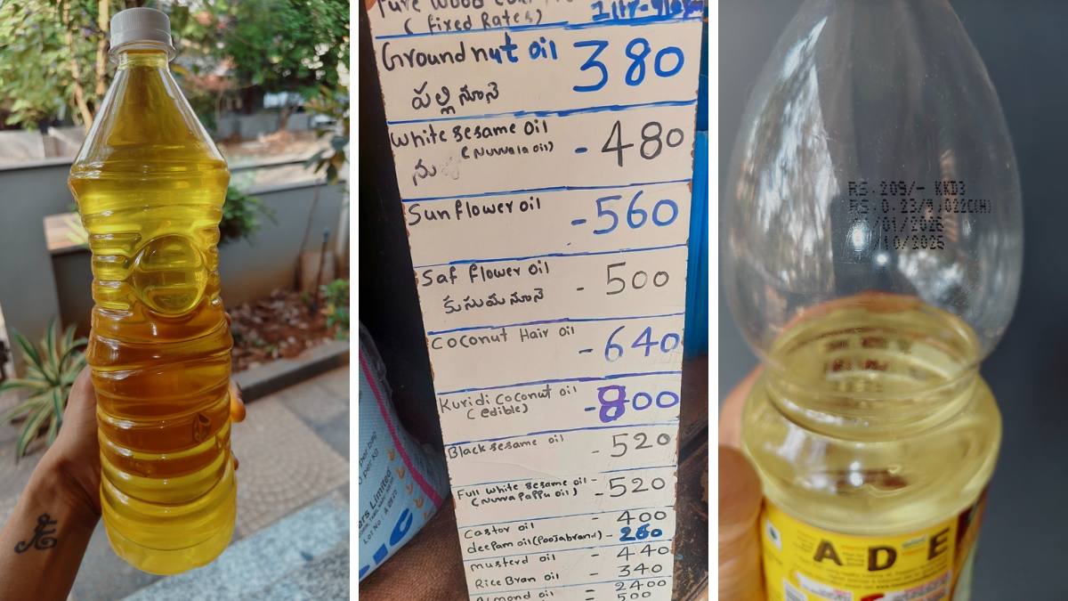 Refined oil versus traditional wood pressed oil comparison highlighting the use of chemical solvent hexane