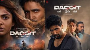Official poster of Dacoit featuring Adivi Sesh as a rugged outlaw and Mrunal Thakur in an emotional gaze