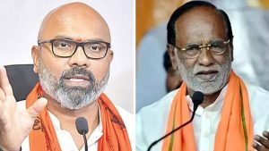 Collage of BJP MPs Dharmapuri Arvind and K Laxman representing the internal conflict in Telangana BJP
