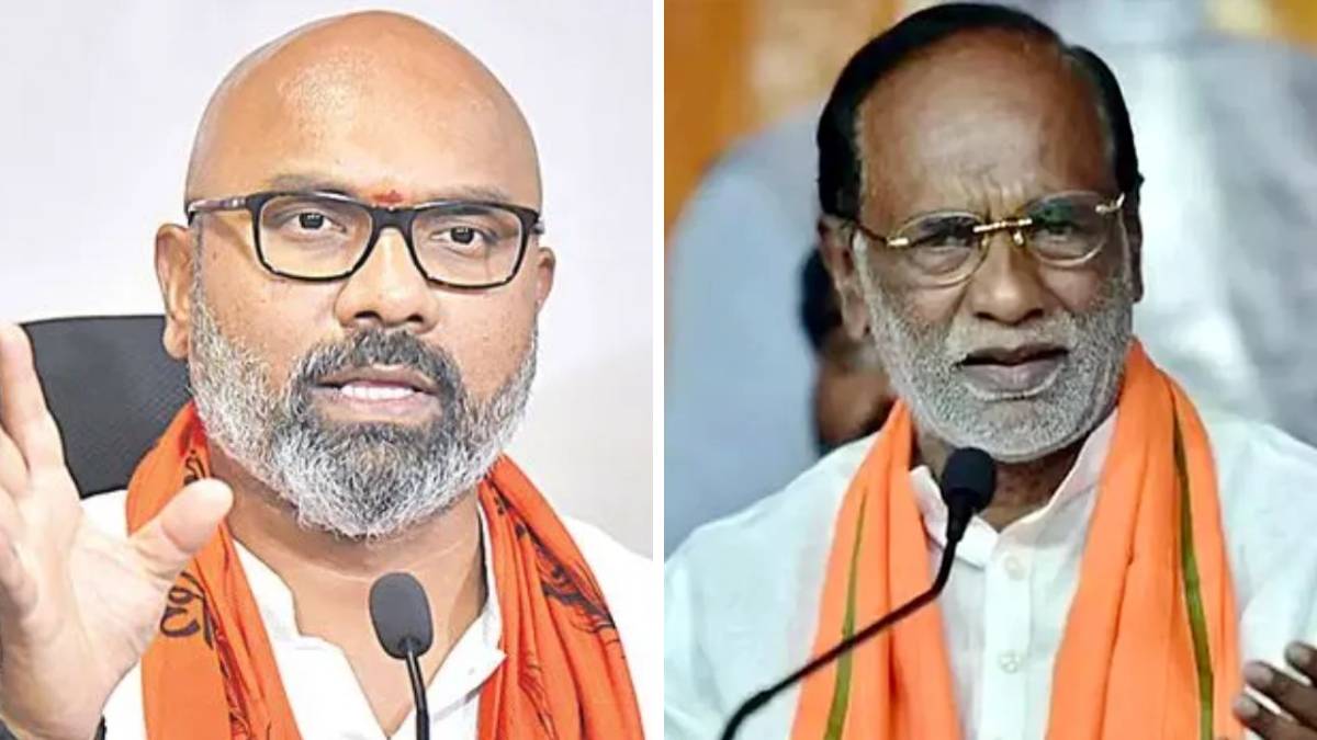 Collage of BJP MPs Dharmapuri Arvind and K Laxman representing the internal conflict in Telangana BJP