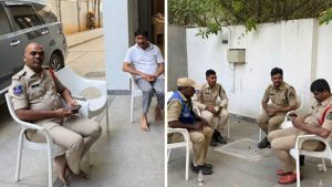 Police barricades at Harish Rao residence and farmers climbing Pargi Police Station gate in protest