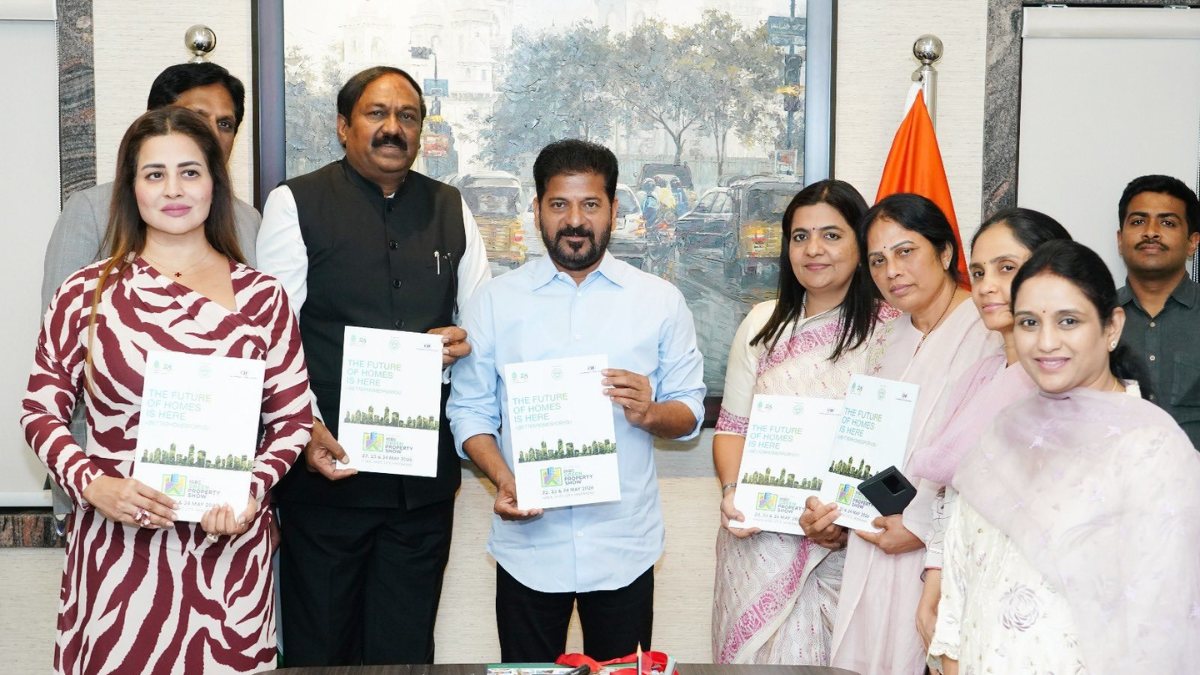 Chief Minister Revanth Reddy unveiling the IGBC Green Property Show 2026 brochure in Hyderabad with IGBC Chairman C Shekar Reddy