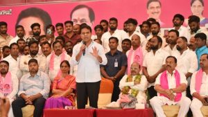 BRS Working President KTR speaking at a felicitation ceremony in Ibrahimpatnam, criticizing CM Revanth Reddy's Fourth City project