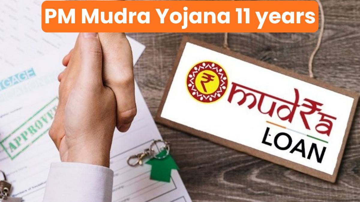 Infographic showing 11 years of PM Mudra Yojana achievements with 40 lakh crore disbursement figure