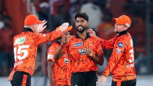 SRH bowler Praful Hinge celebrating after taking a wicket against Rajasthan Royals in IPL 2026.