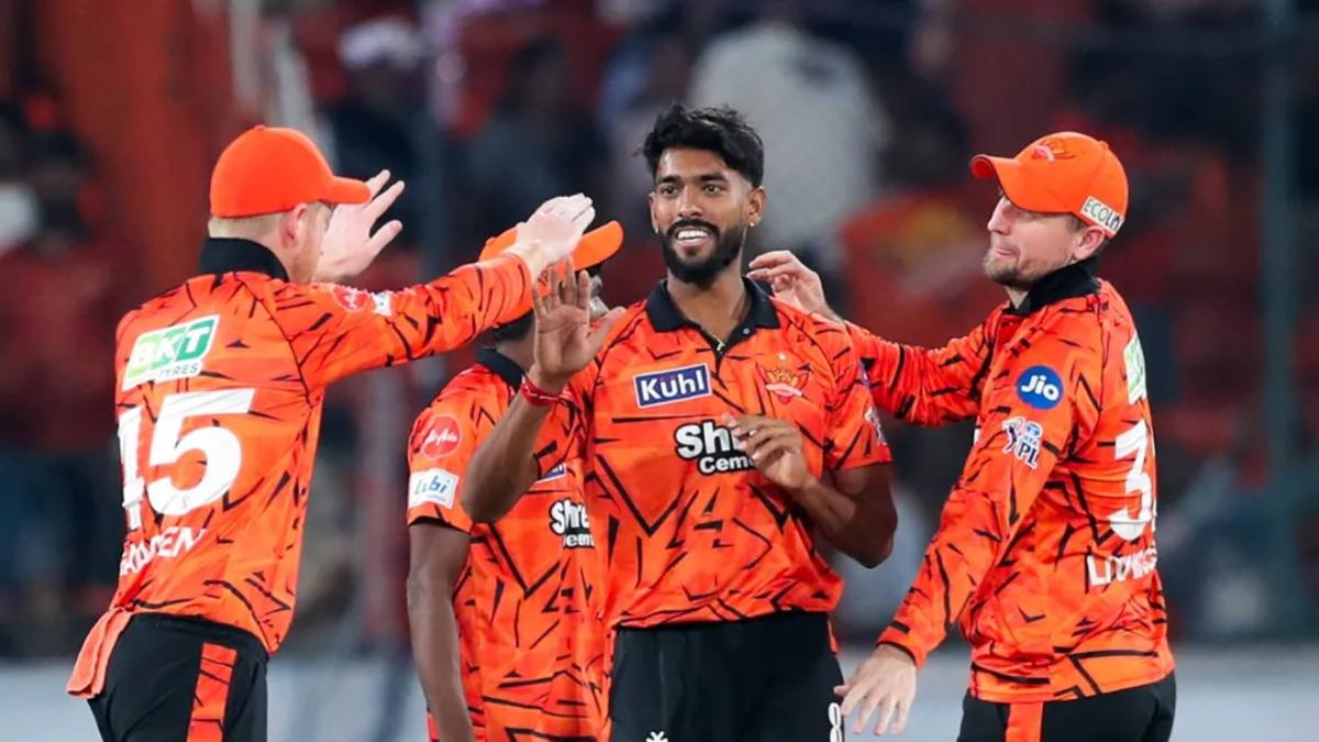SRH bowler Praful Hinge celebrating after taking a wicket against Rajasthan Royals in IPL 2026.