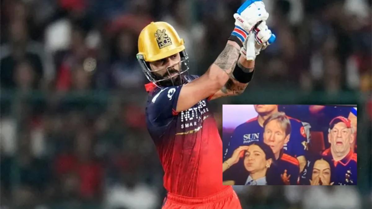 Virat Kohli playing a shot against Lucknow Super Giants in IPL 2026 at M. Chinnaswamy Stadium.