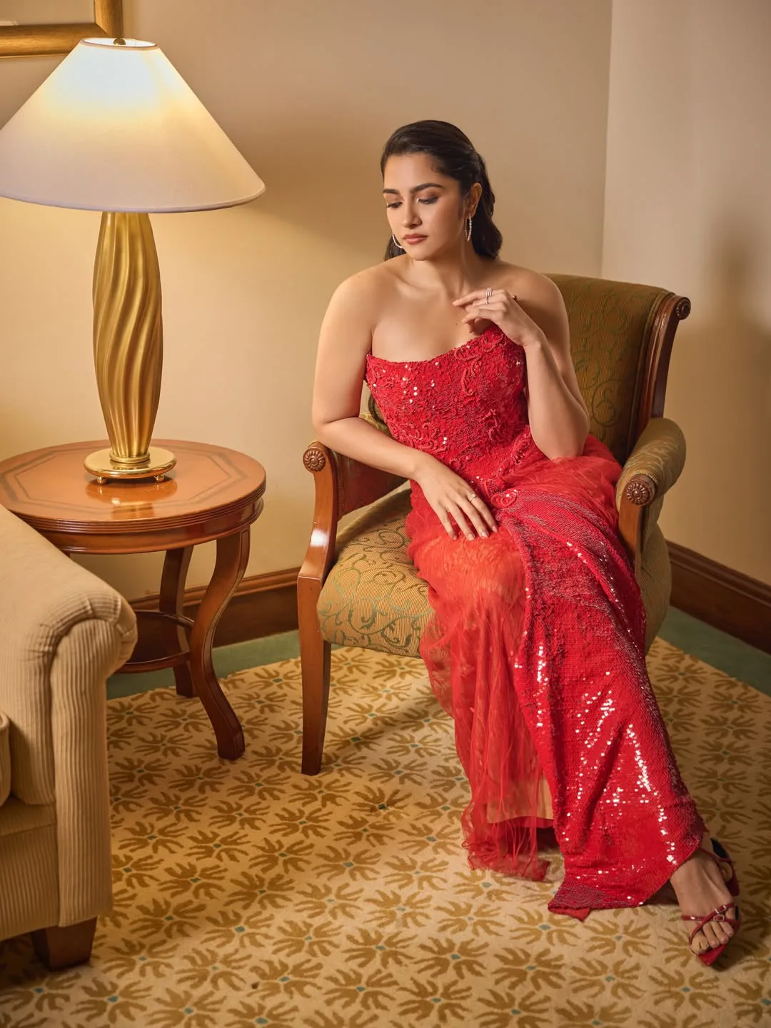 Rukmini vasanth stunning look in red colour dress