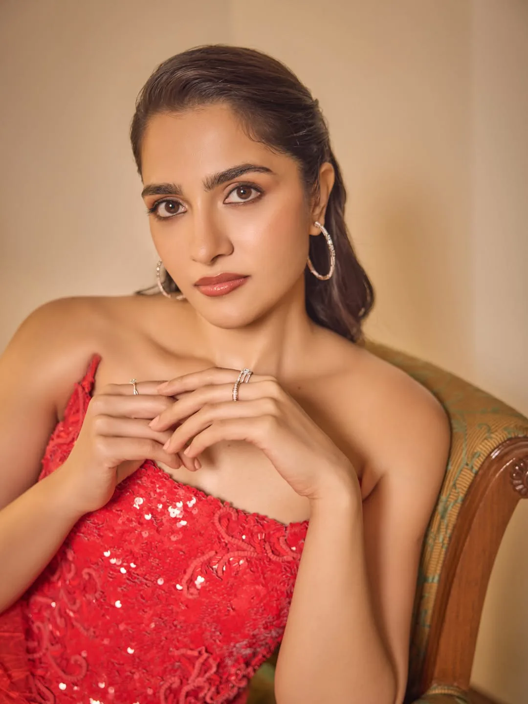 Rukmini vasanth stunning look in red colour dress