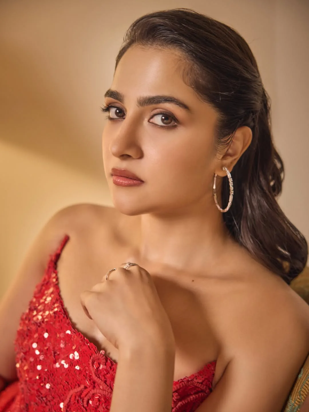 Rukmini vasanth stunning look in red colour dress