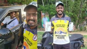 Sanju Samson interacting with a fan and gifting a new smartphone box in Kerala.