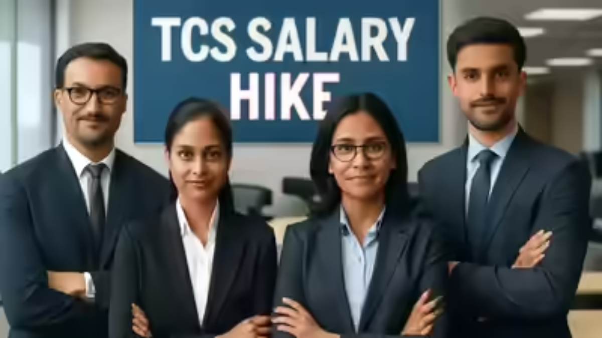 TCS office building and happy IT professionals representing the 2026 salary hike and financial growth.