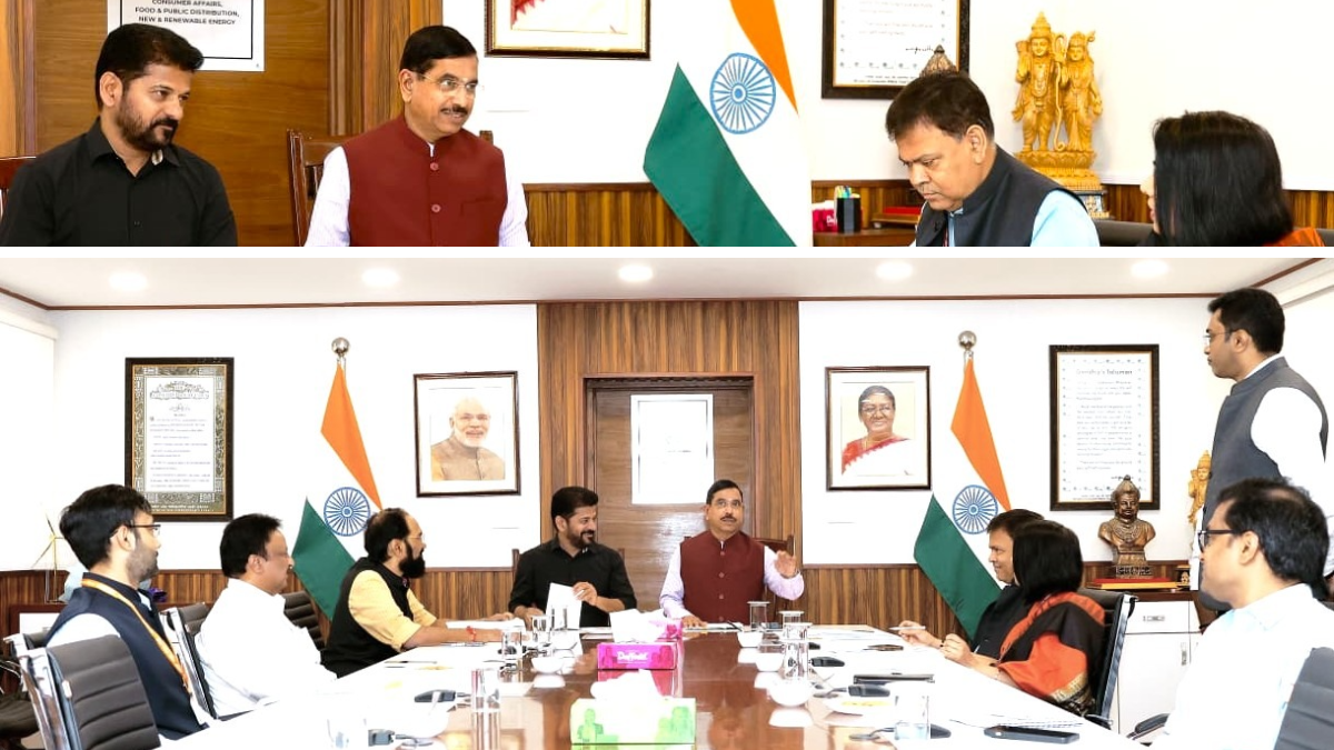 CM Revanth Reddy and Minister Uttam Kumar Reddy meeting Union Minister Pralhad Joshi in Delhi regarding paddy procurement.