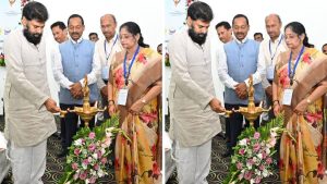 Deputy CM Pawan Kalyan lighting the lamp at the Water Sustainability Workshop in Kanuru