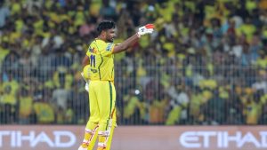 CSK player Sanju Samson celebrating his hundred against Delhi Capitals in IPL 2026 at Chennai stadium.