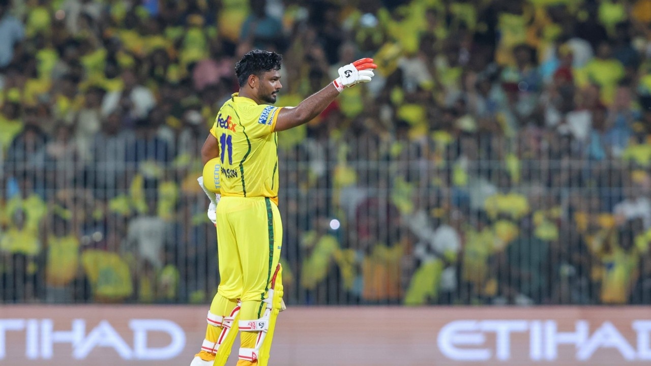 CSK player Sanju Samson celebrating his hundred against Delhi Capitals in IPL 2026 at Chennai stadium.