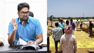 వనపర్తి జిల్లా కలెక్టర్ ఆదర్శ్ సురభి భూభారతి పెండింగ్ దరఖాస్తులపై సమావేశంలో మాట్లాడుతున్న దృశ్యం మరియు వరి ధాన్యం కొనుగోలు కేంద్రం తనిఖీ