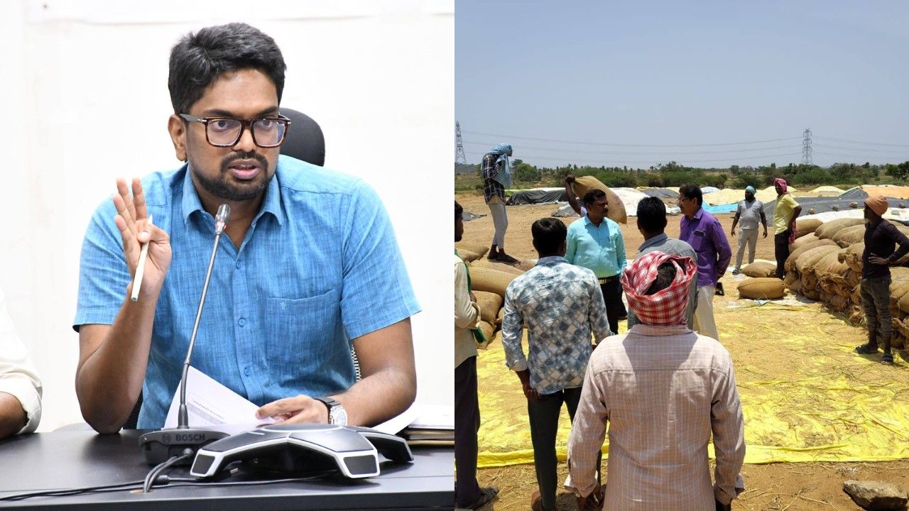 వనపర్తి జిల్లా కలెక్టర్ ఆదర్శ్ సురభి భూభారతి పెండింగ్ దరఖాస్తులపై సమావేశంలో మాట్లాడుతున్న దృశ్యం మరియు వరి ధాన్యం కొనుగోలు కేంద్రం తనిఖీ